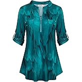 Ninedaily Women's 3/4 Sleeve Plaid Shirts Zip Floral Casual Tunic Blouse Tops