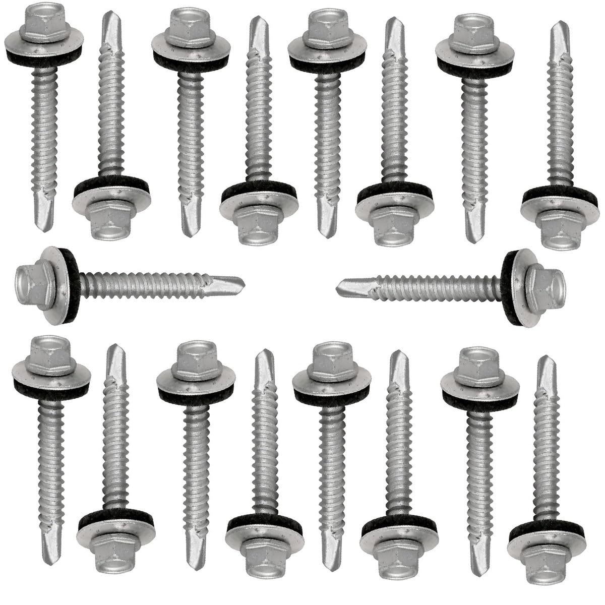 Merriway BH07050 (20 Pcs) Self Drilling Hex Steel Tek Screws with Bonded Washer 5.5 x 38mm - Pack of 20 Pieces, Silver Tone