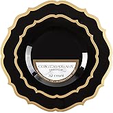 PLASTICPRO 32 Pack Elegant Disposable Plastic Plates Combo Set Includes 16 Dinner Plates and 16 Salad Plates Heavy Duty Fancy Party Plates Black & Gold Contemporary Design