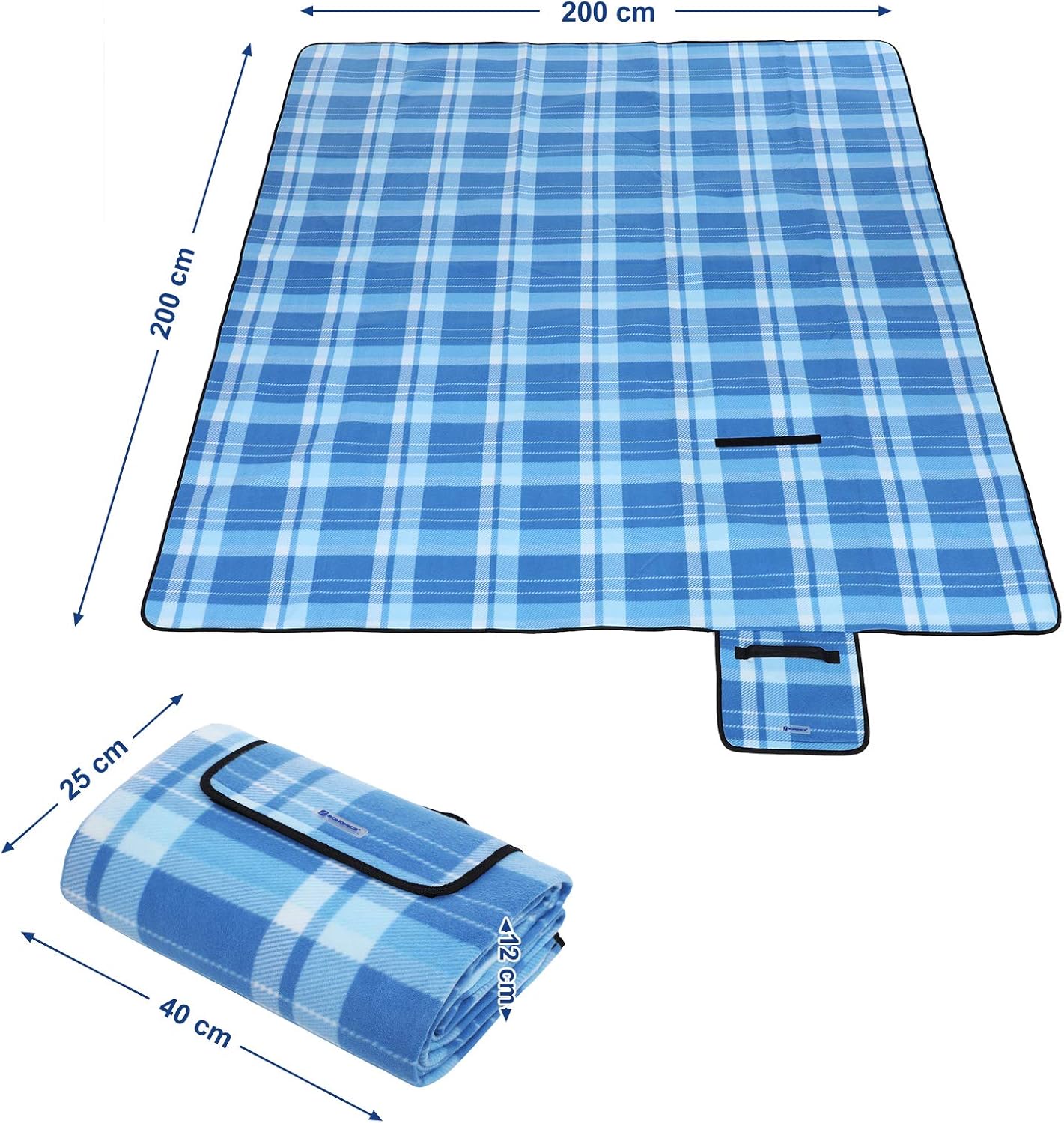 SONGMICS XXL Picnic Blanket Fleece Insulated Waterproof with Carry Handle (Squares Blue Stripes) 200 x 200 cm (GCM71B) - Image 4