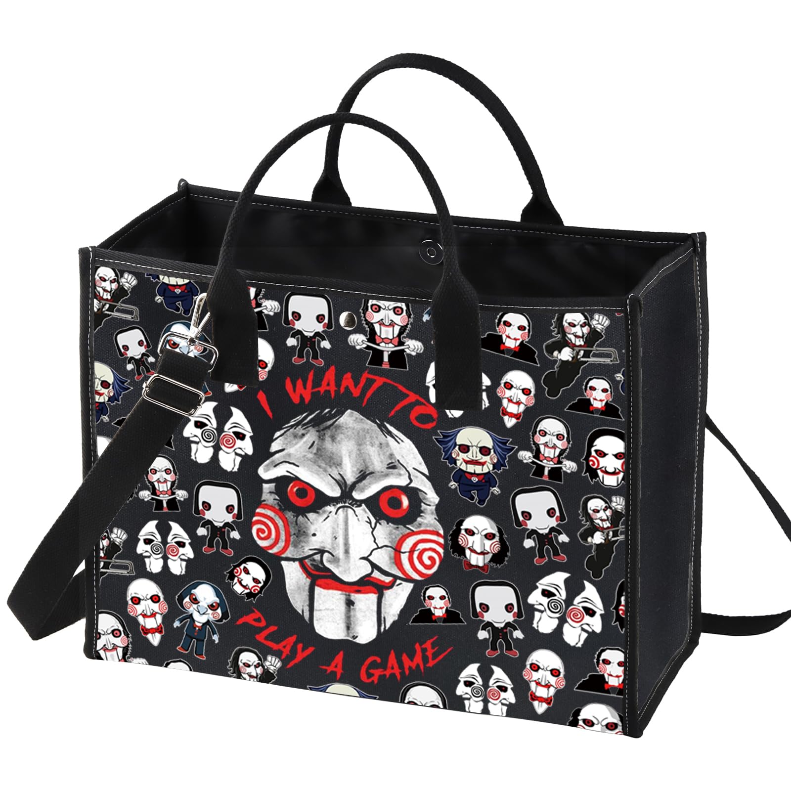LEVLO Jigsaw Killer Tote Bag - Saw Merch, Horror Movie Fans Gift - Play Game Lt, Unisex-Adults, 14.56 x 12.99 Inches, Canvas