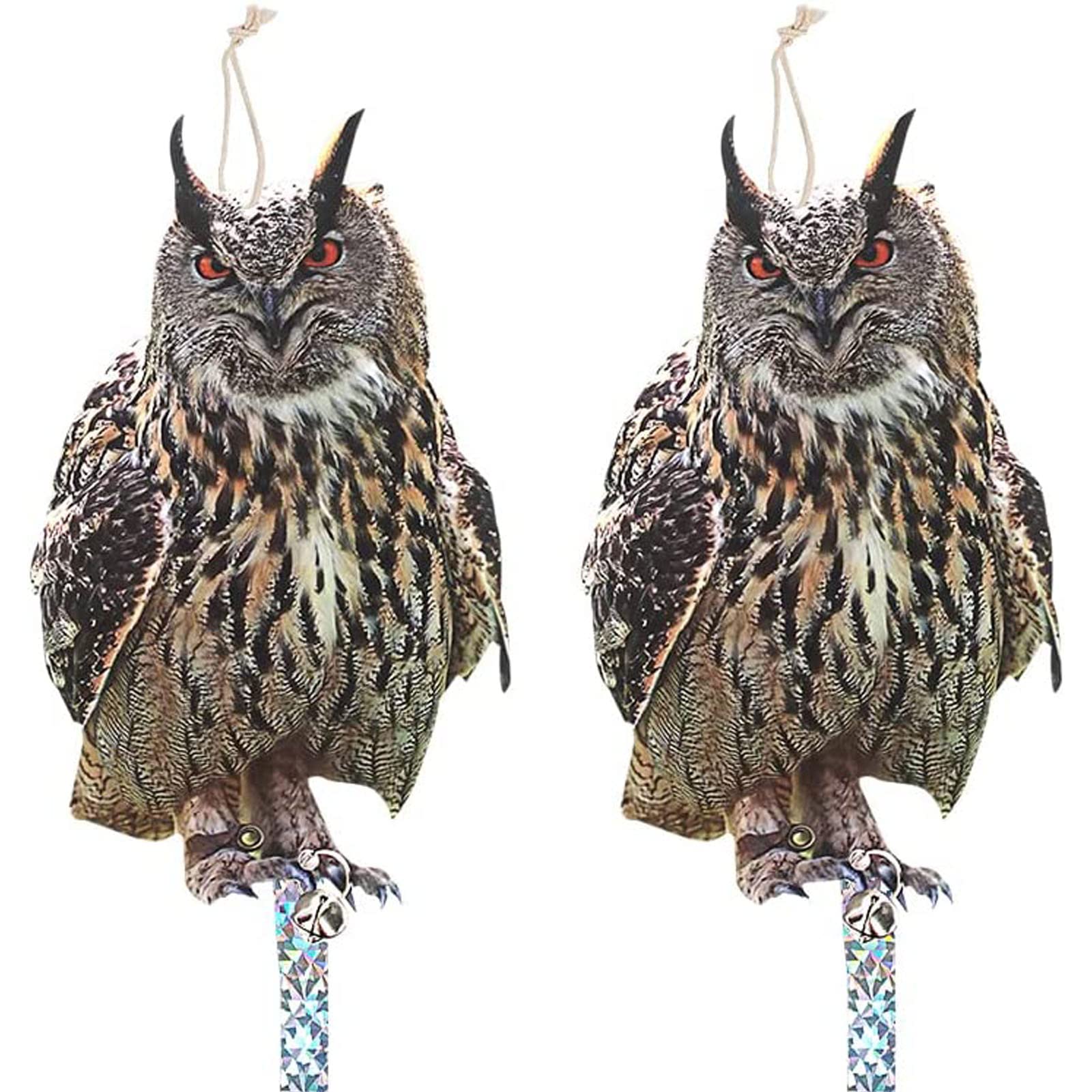 Skystuff Bird Repellent Owl Bird Deterrent, Pigeon Repellent Bird Tape for Deterrent, Bird Scarecrow Reflective Tape Hanging Reflective with Bell Pack of 2