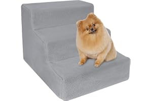 yofit Doggy Steps - Non-Slip 3 Steps Pet Stairs for Cats and Dogs, Foldable Plastic with Washable Carpet Holds Up to 50 lbs (Gray)
