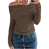 SOLY HUX Women's Off The Shoulder T Shirt Long Sleeve Ruched Fitted Tee Fall Going Out Tops