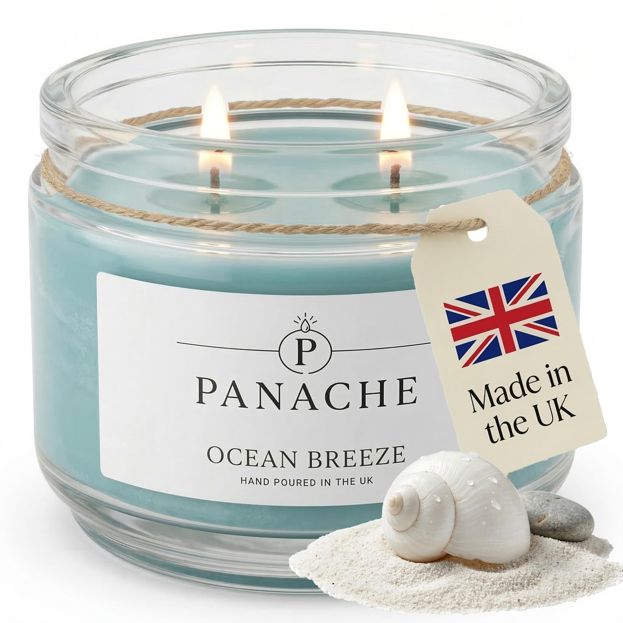 Panache Ocean Breeze Scented Candle – Double Wick Soy Wax Candle, 48 Hour Burn Time, Hand Poured in UK, Clean Burning Cotton Wicks, Luxury Glass Jar Candle for Home Fragrance & Gifts (320g)