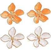 2 Pairs of White Orange Alloy Floral Stud Earrings Set for Women, Dainty Metal Flower Earring Stud for Summer Elegant Petal Wedding Jewelry Gift