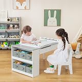 Maxmass 2-in-1 Kids Art Table Set with Storage & Paper Roll, Gray view 8