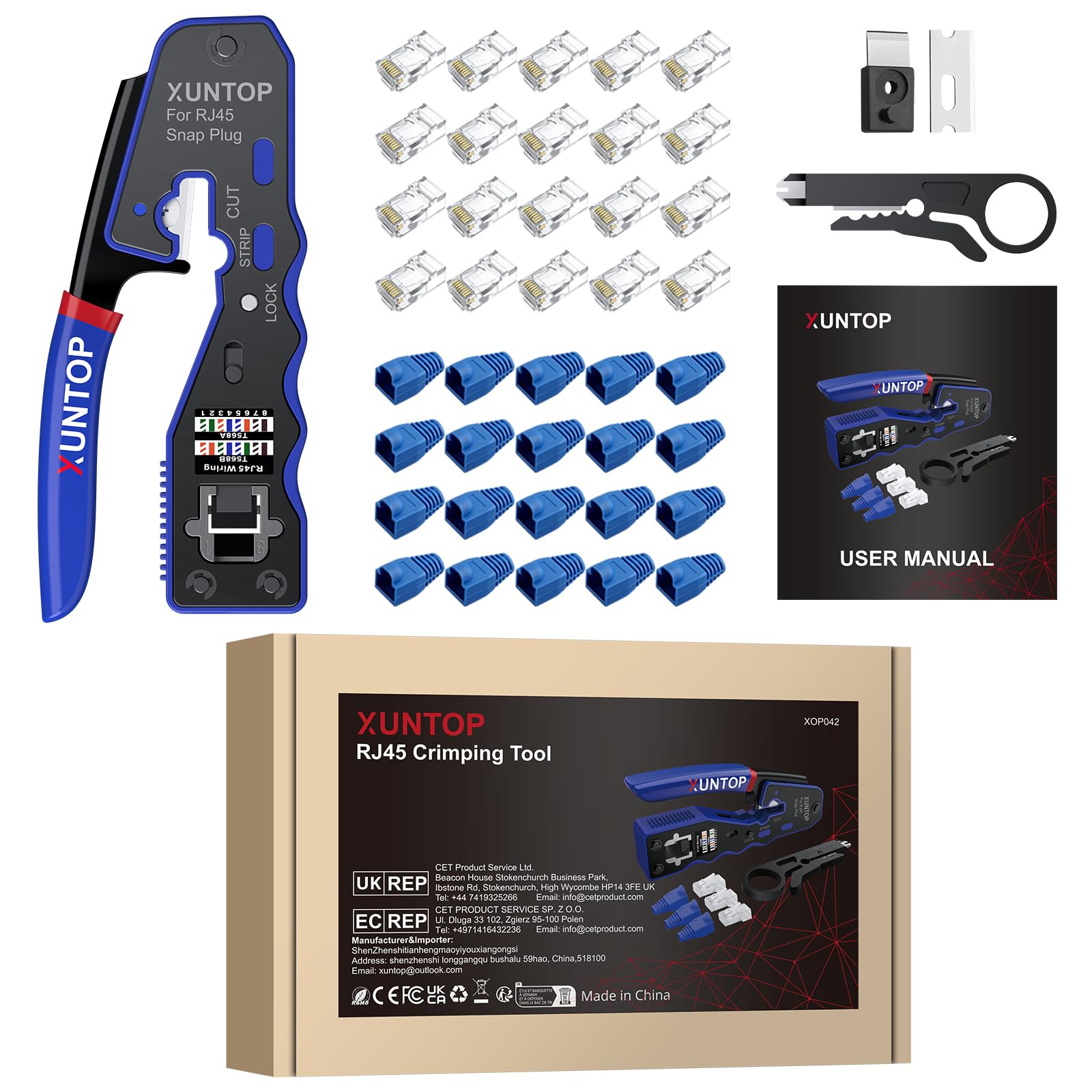 XUNTOP Netzwerkkabelzange Crimpzange RJ45 Netzwerkschlüssel Netzwerk Werkzeug für RJ45, CAT5, CAT6/CAT6A, Nicht-Allmetall CAT7 mit 20 x RJ45 Cat6 gelochte vergoldete Kristallköpfe 7