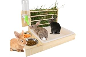 EAROND Rabbit Hay Feeder, 4 in 1 Rabbit Feeder with Litter Box, Bowls and Water Bottle, Bunny Hay Holder Toilet for Rabbit s, Guinea Pig, Hamster, Hedgehog, Chinchillas