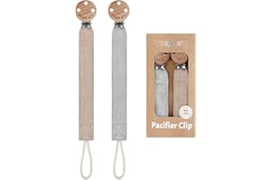 TYRY.HU Ribbon Pacifier Clip Holder,2 Pack Binky Paci Holder Clips, Pacifier Leash for Baby Boys and Girls, Soft Webbing Strap Universal Fits for Most Pacifier, Styles & Teethers Toys(Khaki,Grey)
