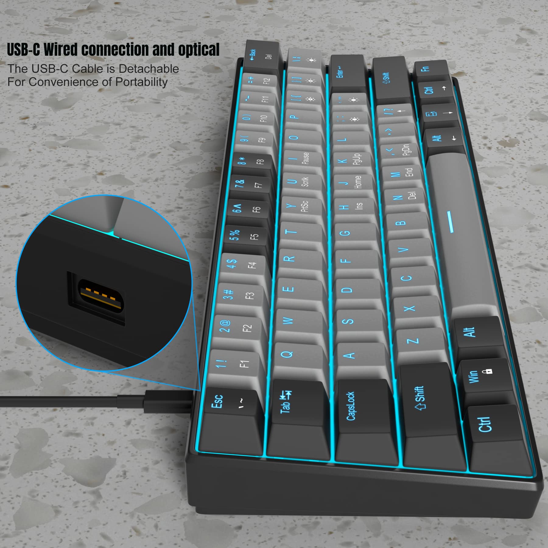 MageGee 60% Mechanical Keyboard with Blue Switches and Sea Blue Backlit Small Compact 60 Percent Keyboard Mechanical, Portable 60 Percent Gaming Key Board Gamer(Black Grey)