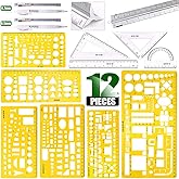 Keadic 12Pcs Geometric Drawings Templates, Geometry Ruler Plastic, Clear Shape Template Yellow Architect Scale Measuring Rule