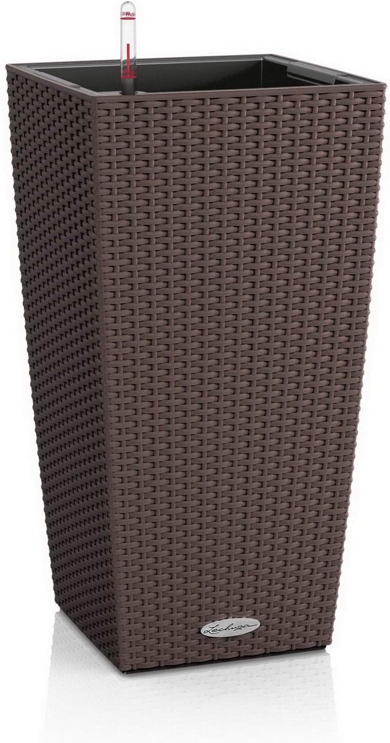 Lechuza Self Watering Plant Pots CUBICO Cottage 30 Rattan Look Plastic Garden Outdoor Indoor Planter with Drainage Hole H56 L30 W30 cm Mocha