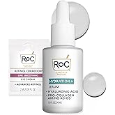 RoC Hydration+ Hyaluronic Acid Serum for Face, Hydrating, Plumping, Fragrance Free, Lightweight Formula with Collagen Proteins (1 Ounce) with Retinol Eye Cream Packette