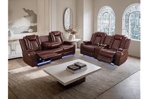 Dekmxas Leather Power Reclining Sofa Set, Living Room Furniture Sets, Breathing Leather Power Recliner Sofa, Loveseat with Cup Holders/Storage Console/LED Light for Living Room