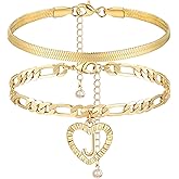 YANODA Gold Ankle Bracelets for Women Waterproof, 14k Gold Plated Layered Snake Anklets Figaro Chain Letter Initial Anklets Handmade Heart Ankle Bracelets Personalized for Women Beach Jewelry Gifts