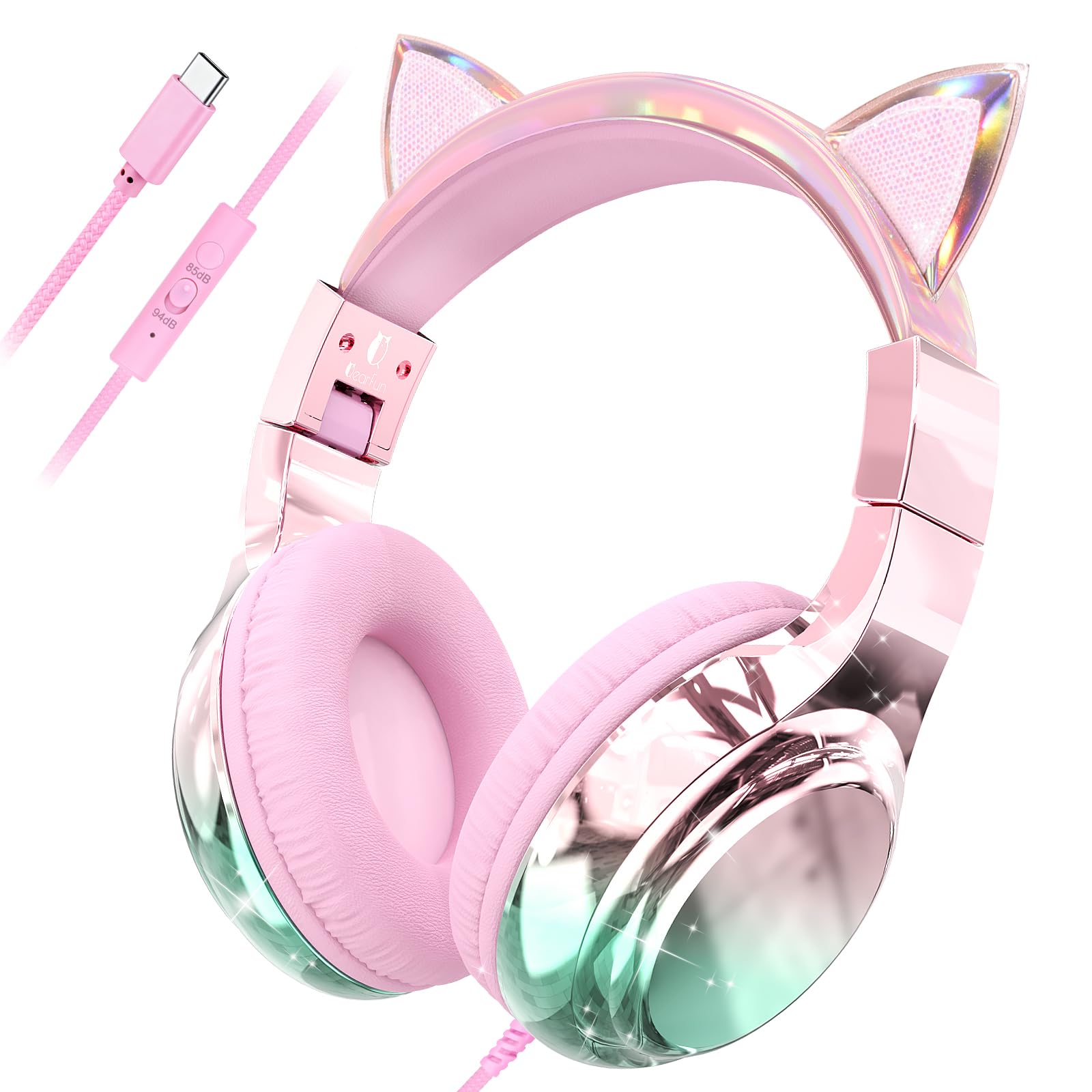 QearFun USB C Kids Cat Ear Wired Headphones with Mic, 85/94dB Volume Limit