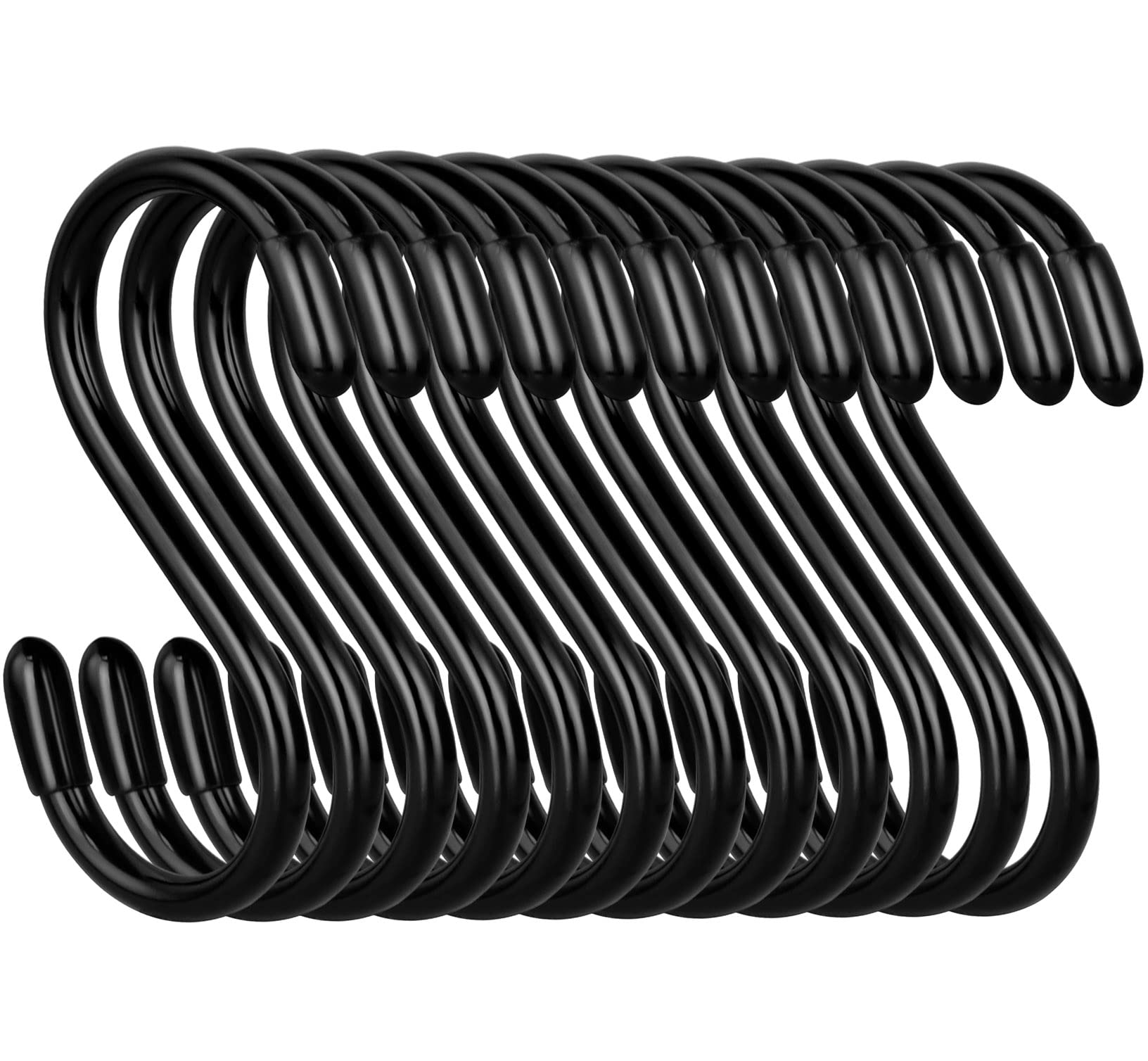 Photo 1 of 12 Pack S Hooks for Hanging, 3 Inch Vinyl Coated S Hook Heavy Duty, Steel Metal Black Rubber Coated Closet S Hooks for Hanging Plants Basket Jeans Clothes Bags Jewelry Towels Pot Pan Cups