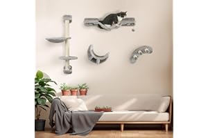 PawHut 4Pcs Cat Wall Shelf with Scratching Post, Cat Wall Shelves for Relaxing, Climbing, Cat Wall with Soft Ladder, Hammock,