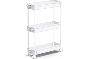 SPACEKEEPER Slim Rolling Storage Cart, 3 Tier Bathroom Storage Organizer Laundry Room Utility Cart Mobile Shelving Unit, Multi-Purpose for Kitchen Office Bathroom Laundry Narrow Places, White