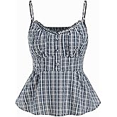 CIDER Women's Gingham Crop Babydoll Tops V Neck Ruched Ruffle Tie Going Out Tops Cute Tank Top Trendy Summer Outfits