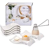 ChasBete Egg Holder for Boiled Eggs 6 Pack, with 1 Egg Topper, White | Ceramic egg cups, with stainless steel egg cracker, dishwasher safe, stackable, decor for breakfast
