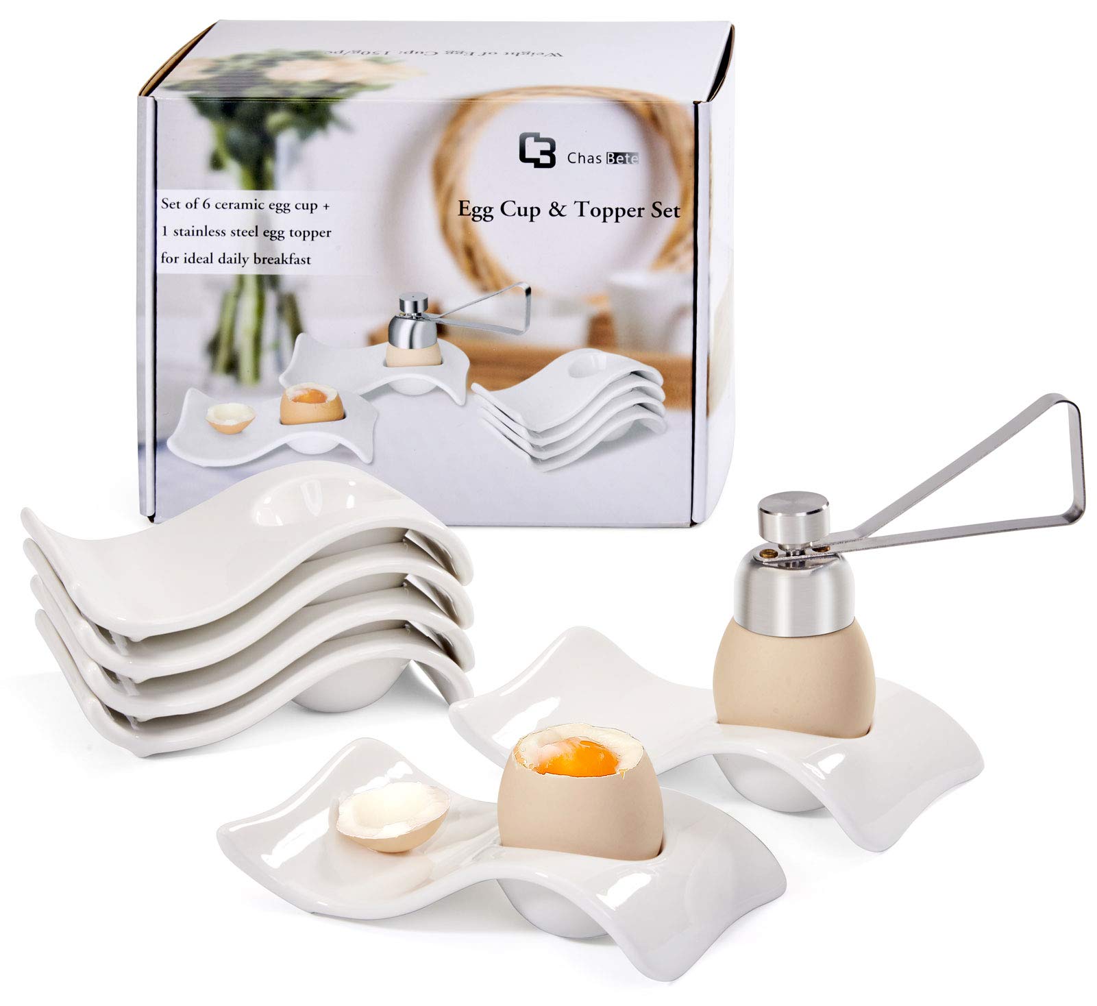 ChasBete Egg Cups Set of 6, Ceramic Egg Holder+ Boiled Egg Cutter, White Egg Cup Decor for Breakfast and Brunch