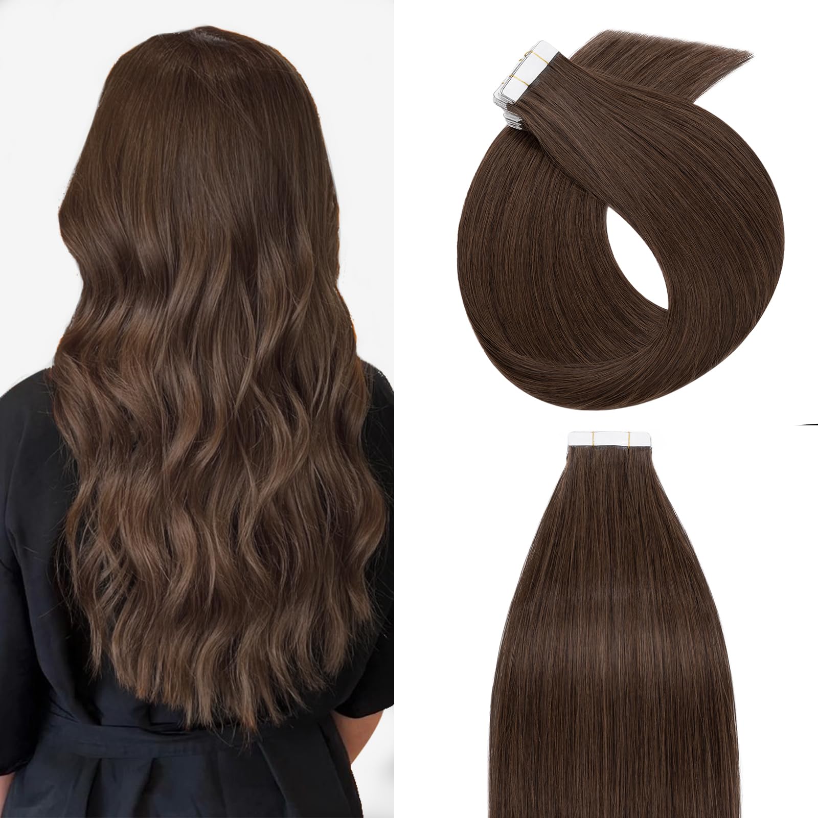 18" Tape in Real Remy Human Hair Extension #04 Medium Brown Skin Weft Hair Extensions Seamless Long Straight (20 Pieces, 50g）