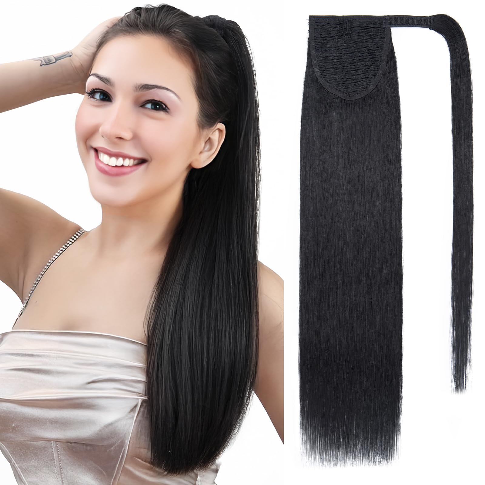SEGOHAIR Wrap Around Ponytail Human Hair Clip in Ponytail Hair Extensions, 16 inch Long Straight One Piece Clip in Hairpieces Remy Real Human Hair-Jet Black — image 1