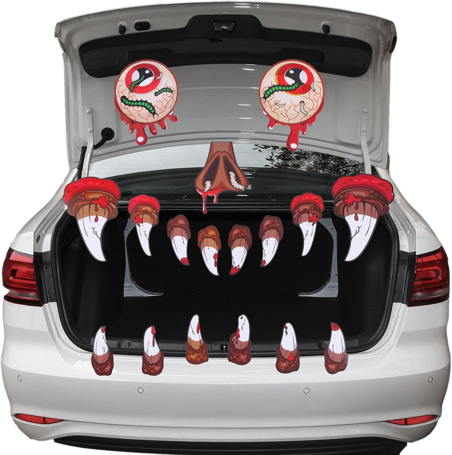 Garage Door Decorations - Trunk or Treat Car Decorations Kit, Halloween Monster Face Decorations for Car & SUV, Outside Garage Archway Door Haunted House Car Stickers Home Party Supplies with Large Mad Face Eyes, Fangs, Nose