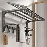 VOLPONE 24 Inch Towel Rack with Towel Bar Holder Foldable Large Towel Shelf with Movable Hooks Rustproof Widened Towel Storage Rack Wall Mount for Bathroom Lavatory Matte Grey