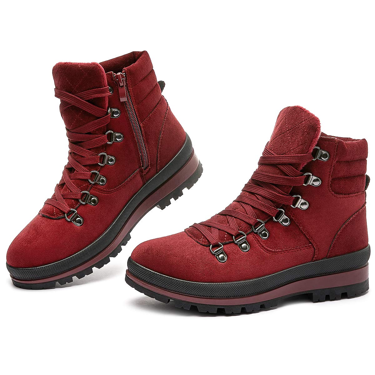 Photo 1 of FRACORA Womens Combat Boots Lace Up Ankle Boots Winter Snow Boot Side Zipper Fashion Booties(Wine Red,US11)