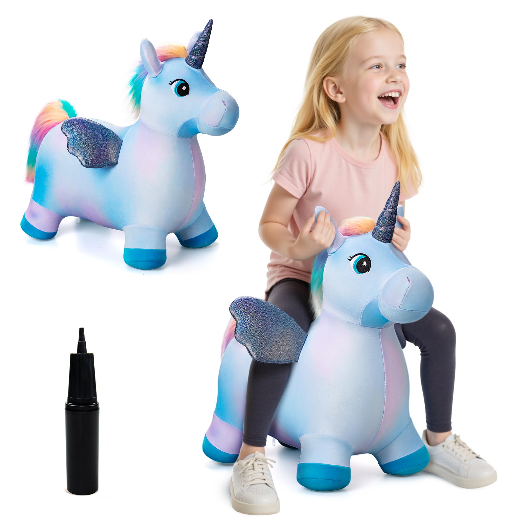 EVERICH TOY Unicorn Bouncy Horses Inflatable Plush Hopping Toy, Bouncing Hopper Animals for Toddlers, Outdoor & Indoor Christmas Toys for Boys Girls, Gril Toys Gifts for 1-3 W/Free Pump