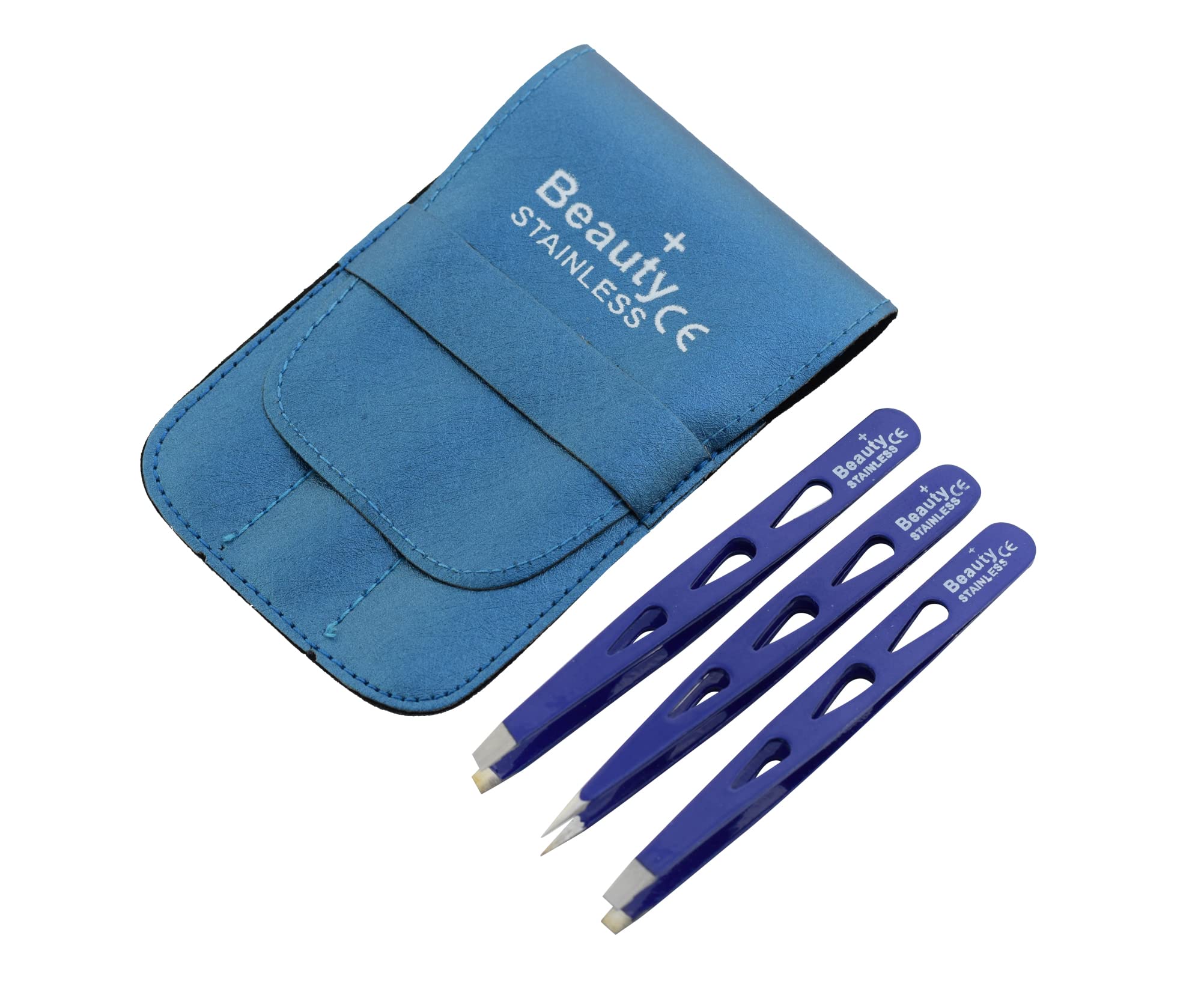 Beauty+ Precision Tweezers Set – Pack of 3 Tweezers with Handy Carry Pouch, Stainless Steel Tweezer Set with Light Weight Handle, Splinter Hair and Facial Hair Remover Set (D Blue Leaf)