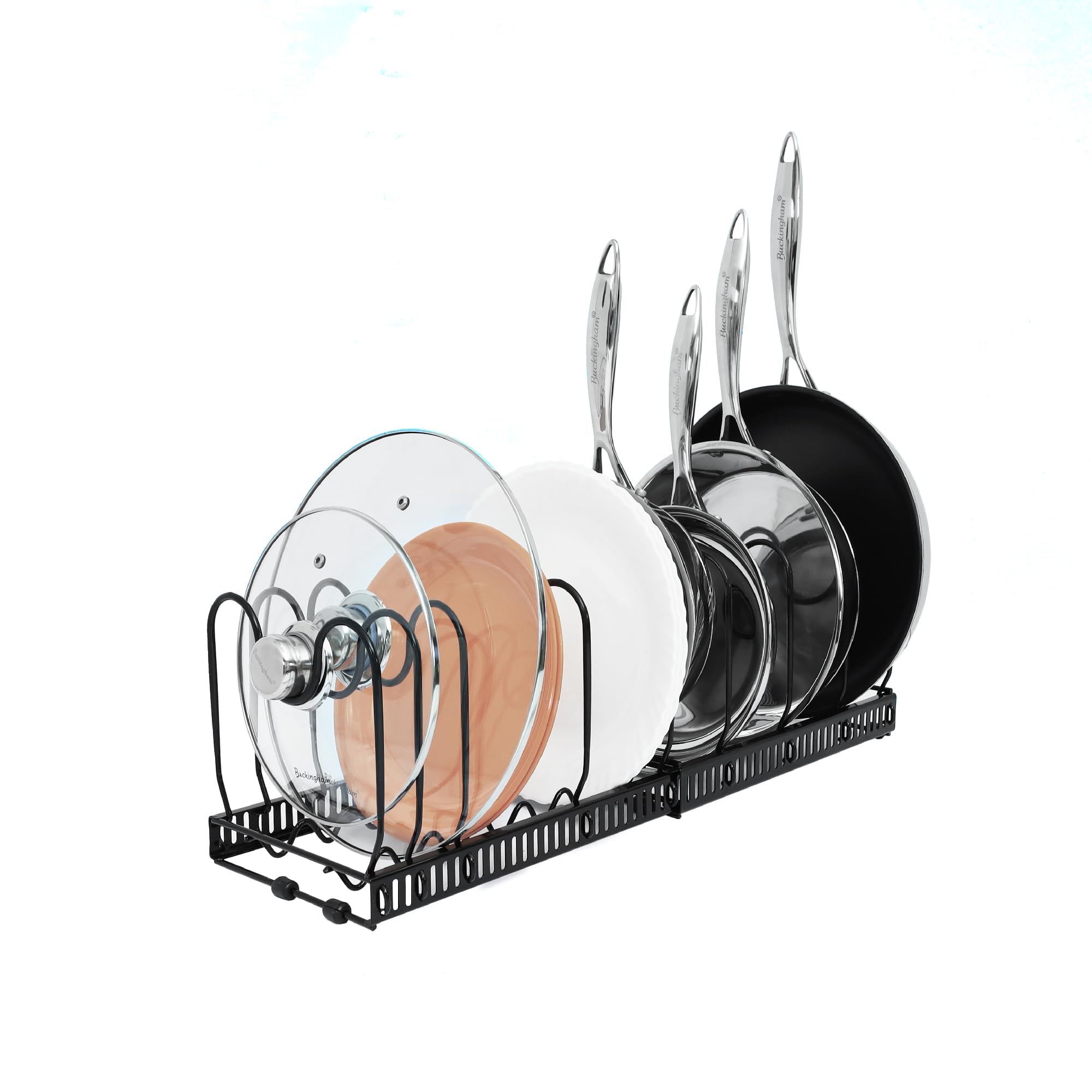 Buckingham 30202 Expandable Lids Organiser Rack, Plates, Chopping Boards Holder, 10 Adjustable Sections use in Pantry Cabinet Cupboard Worktop, Black (Pot & Pan Rack-10 Dividers), Metal, Silver