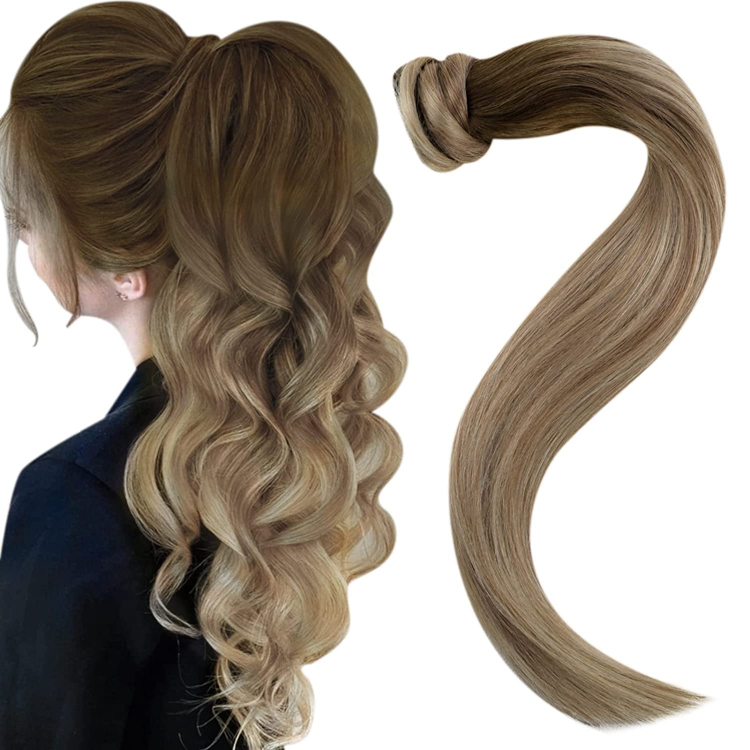 Easyouth Human Hair Extensions Ponytail Ombre Real Hair Ponytail Extension Brown to Blonde Balayage Wrap Around Ponytail Hair Extensions Remy Human Hair 18 Inch 80g — image 1