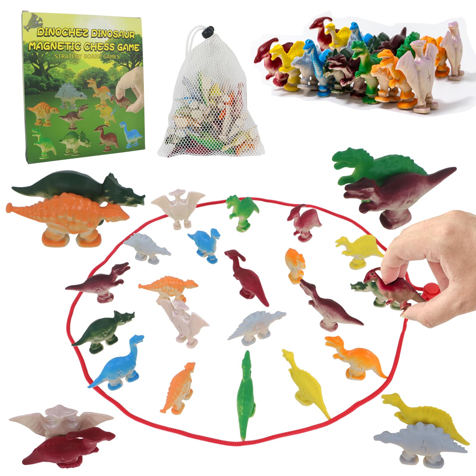 Magnetic Dinosaur Chess Game for Kids - 20 Pcs Board Game with Adjustable String & Storage Pouch, Portable Travel Strategy Toy for Family Game Night, Car Rides, Indoor Outdoor