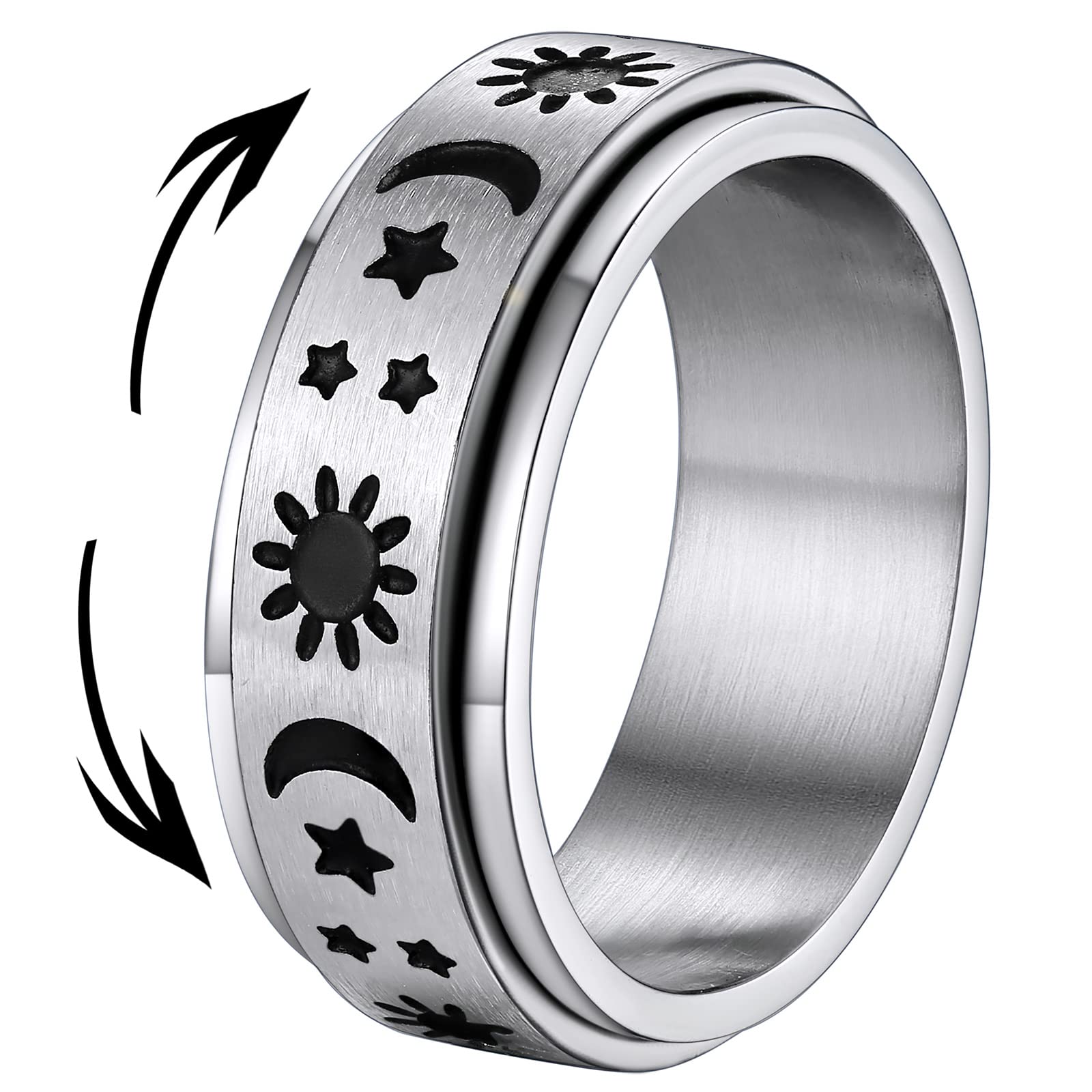 Supcare Fidget Spinner Rings for Men Moon and Stars Anxiety Stress Relief Band Ring Size V1/2