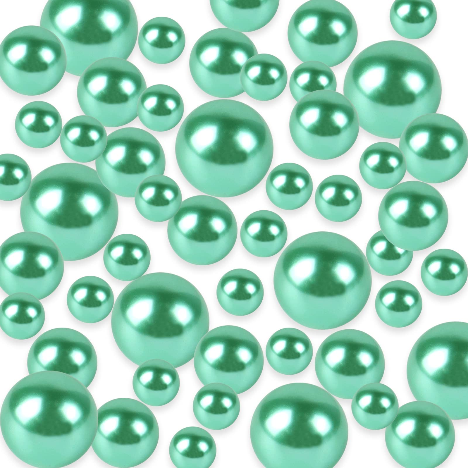 TYEQWT 150 Pcs Faux Pearl, Floating Pearls Beads for Vase Filler, No Hole Gloss Pearl Mixed Sizes, Plastic Loose Beads, for DIY Jewelry, Floating Candle, Vase Centerpieces, 8/14/20mm (Green), Klein