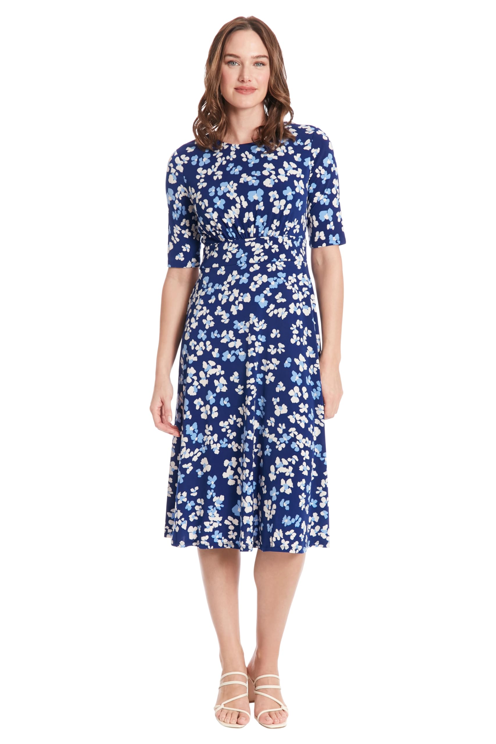 London Times Women’s Plus Size Short, Elbow Sleeve Inset Waist Midi Dress, Navy/Cream, 20