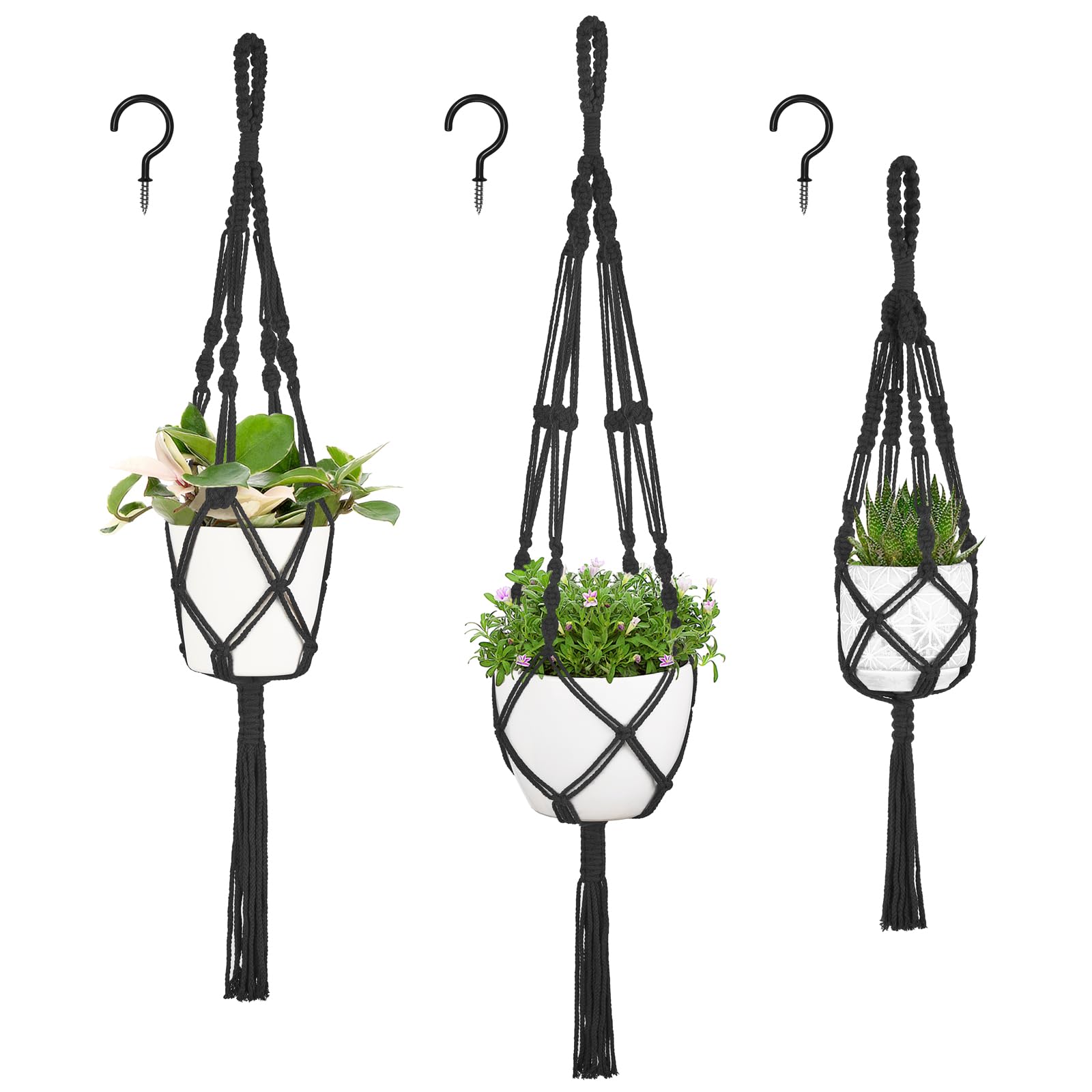 Photo 1 of Mkono 3 Pack Macrame Plant Hangers, Different Sizes Hanging Planters Indoor Basket Decorative Flower Pots Holder Stand Boho Home Decor, Black