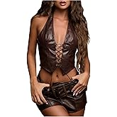 SOLY HUX Women's PU Leather Halter Top Lace Up Sleeveless Backless Y2k Crop Tank Tops