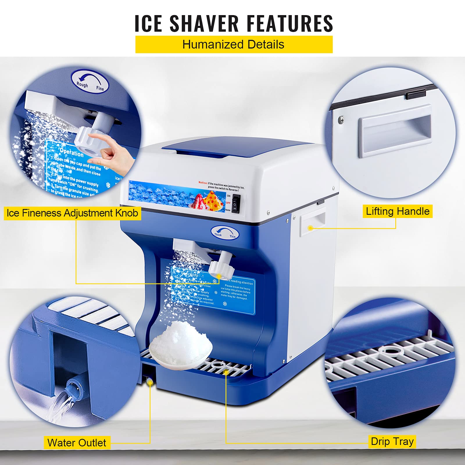 VEVOR 110V Electric Shaved Ice Machine 500W Snow Cone Maker Tabletop w/Adjustable Ice Texture, Ice Shaving Machine 265LBs/hr for Home and Commerical Use