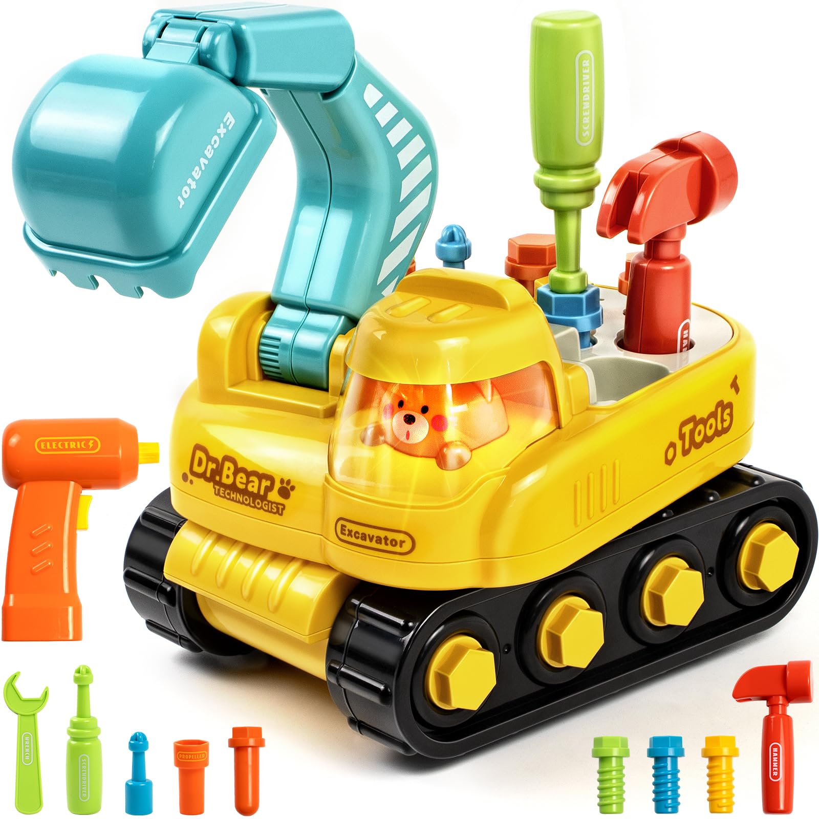 Toy for 2 Year Old with Electric Drill, Tools, Kids Tool Set, Electric Excavator Toy with Lights and Music, Educational Construction Vehicle Toy for 18M+ Boys Girls, Gift for 2 3 4 Year Old Kids