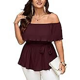 SCOMCHIC Plus Size Off The Shoulder Peplum Tops for Women Summer Ruffle Hem Blouse Chiffon Babydoll Top