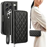 OCASE for iPhone 17 Pro Max Crossbody Wallet Case - Stylish PU Leather Handbag Phone Purse with Zipper Closure, Card Slots & RFID Blocking - Wrist Strap, Lanyard, Kickstand - Diamond Check Black
