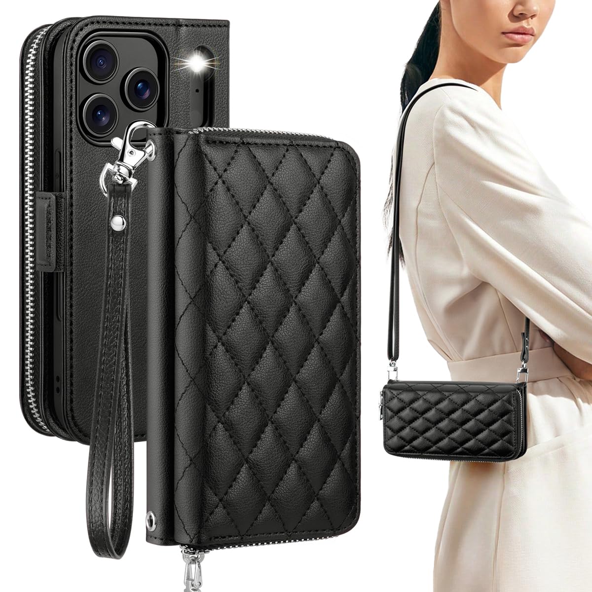 Photo 1 of OCASE for iPhone 17 Pro Max Crossbody Wallet Case - Stylish PU Leather Handbag Phone Purse with Zipper Closure, 10 Card Slots & RFID Blocking - Wrist Strap, Lanyard, Kickstand - Diamond Check Black