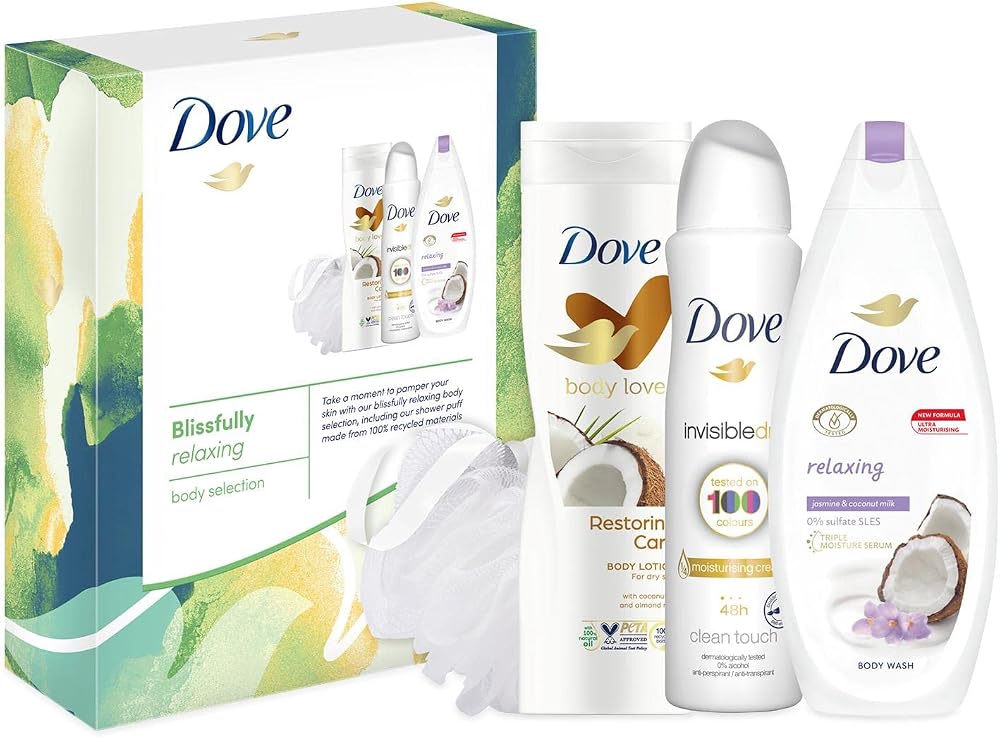 Dove Blissfully Relaxing Body Wash Gift Set For Her with Shower Puff