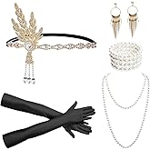 iHUFeather Women 1920s Flapper Set with Headband Beaded Necklaces Earrings Gloves for Vintage Wedding Costume Accessories