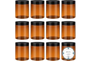Qeirudu 8 oz Amber Plastic Jars with Lids and Labels, 12 Pack Empty Brown Body Butter Containers for Body Scrub, Cosmetic Beauty Products, Creams and Lotion